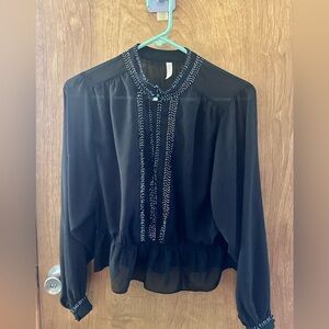 Free People Black Sheer Beaded Long-Sleeve Top Small